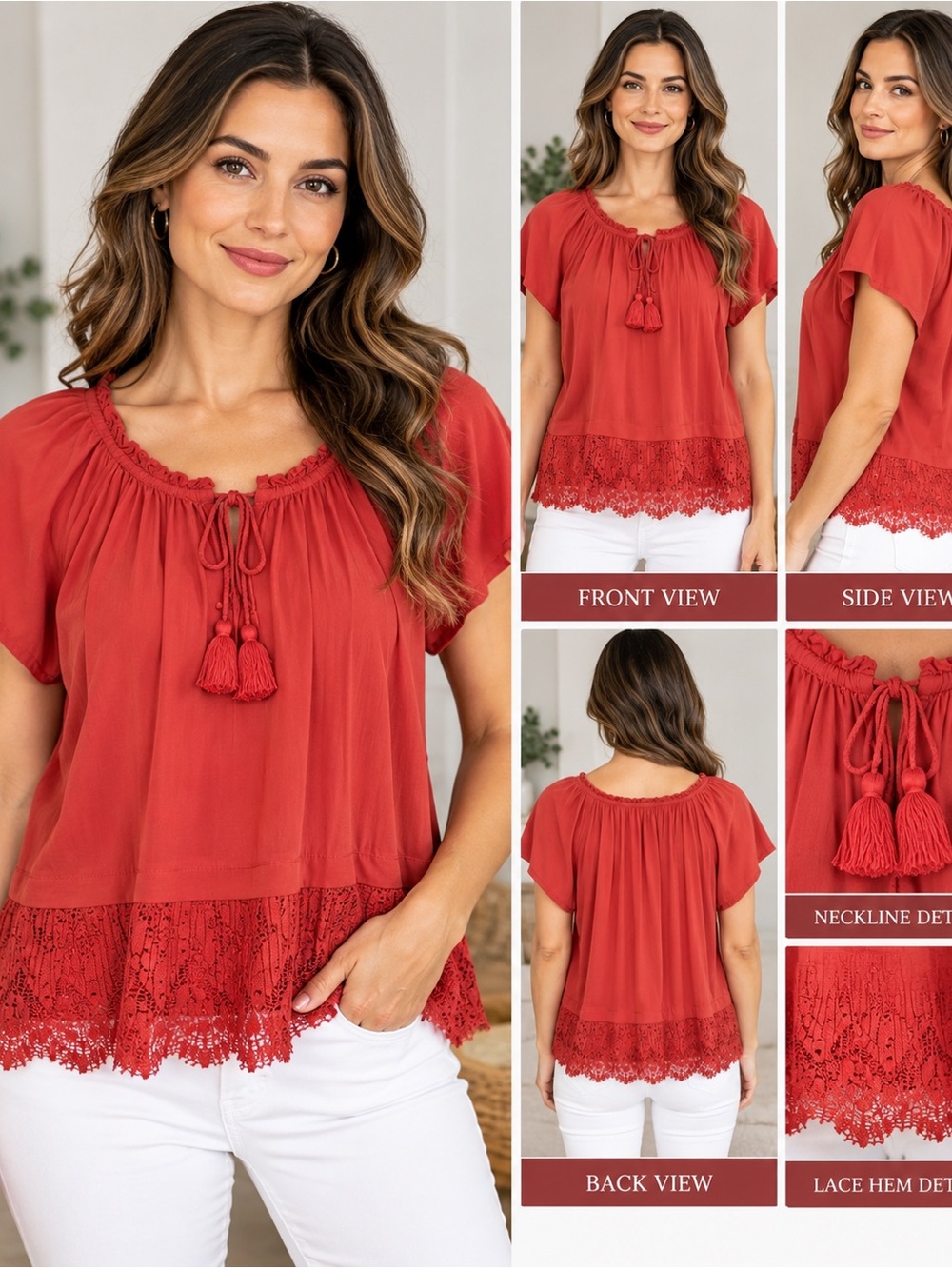 St. John’s Bay,Women's Red Tassel Neck Lace-Hem Top, Large